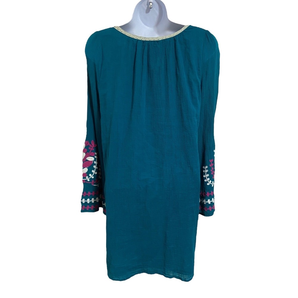 Umgee Teal Blue Embroidered Bell Sleeve Boho Shift Dress Peasant Hippie Gypsy M - Picture 4 of 9